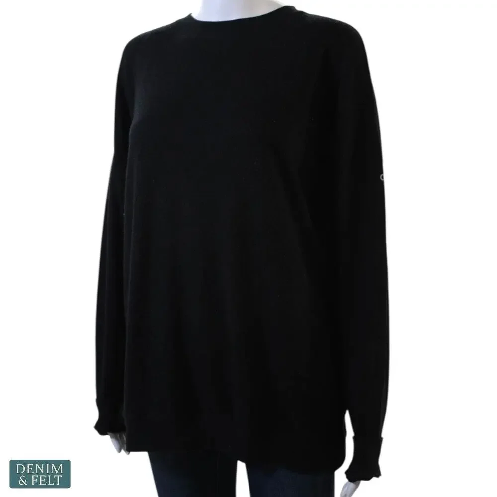 Alo Yoga Black Round Neck‎ Logo Pullover Sweatshirt Athleisure Minimal Luxe Gym